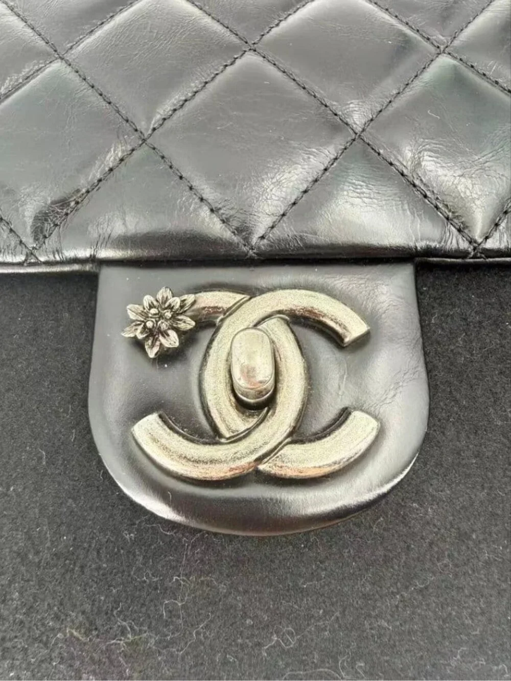 Chanel Leather Wool Felt Quilted Flap Bag